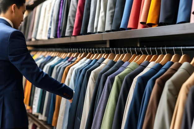 Un hombre en una tienda elige un traje de negocios.