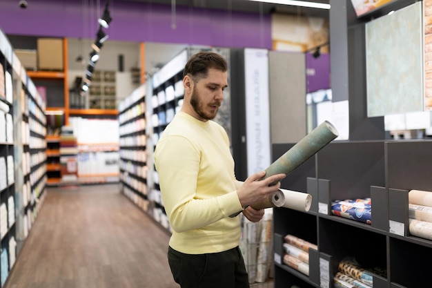 Foto un hombre en una tienda de materiales y equipos de construcción inspecciona un nivel de burbuja moderno