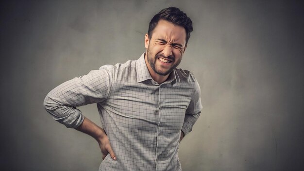 Foto el hombre tiene dolor en la espalda su cara está haciendo muecas de dolor