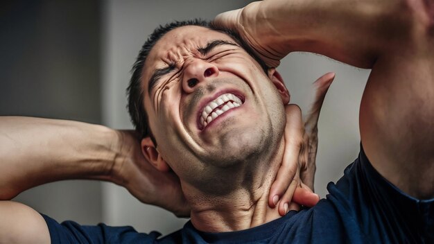 Foto el hombre tiene un gran dolor de cuello.