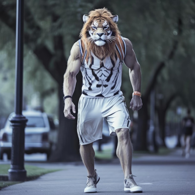 Un hombre tigre camina por la ciudad.