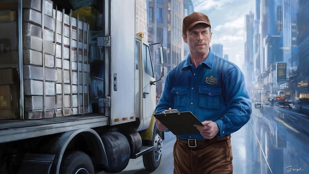 Hombre por el tipo del camión en un uniforme de entrega