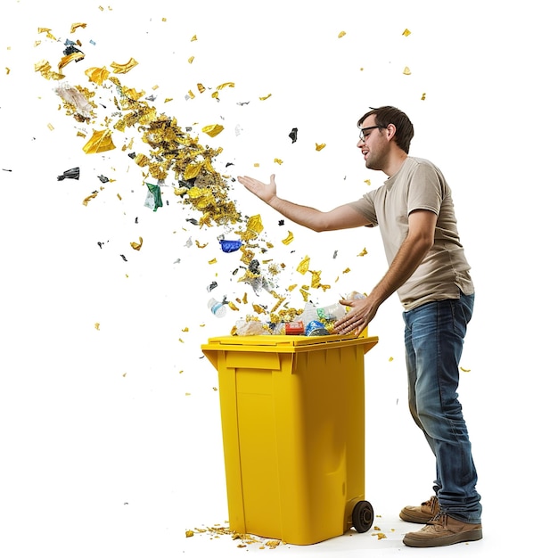 Foto un hombre está tirando basura en un contenedor amarillo con un cubo lleno de basura