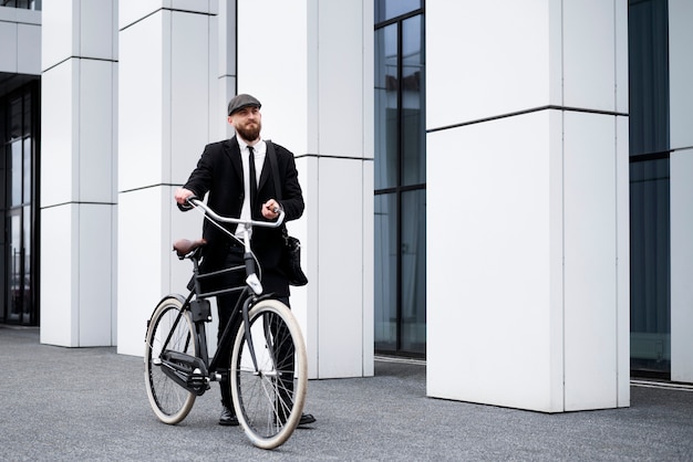 Hombre de tiro completo caminando con bicicleta