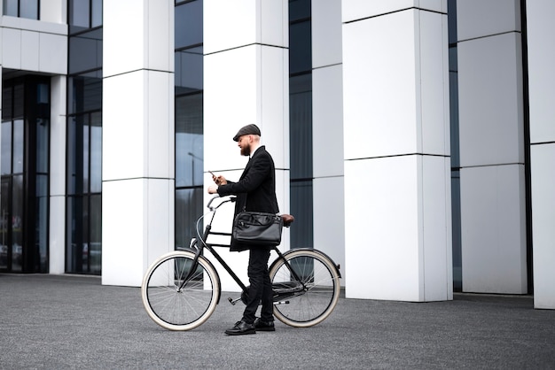 Hombre de tiro completo en traje con bicicleta.