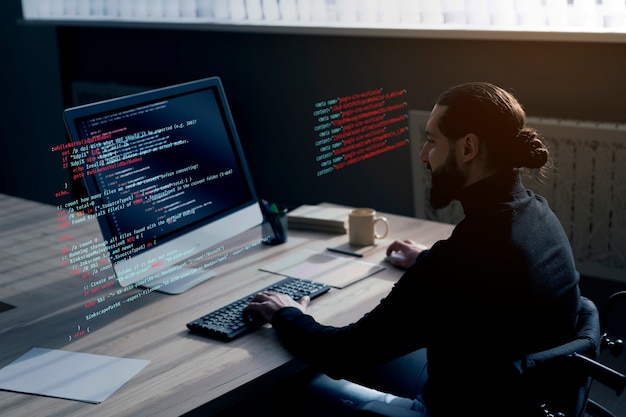 Hombre de tiro medio trabajando en la computadora