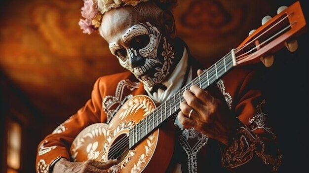 Hombre toca guitarra en Día de Muertos México IA generativa