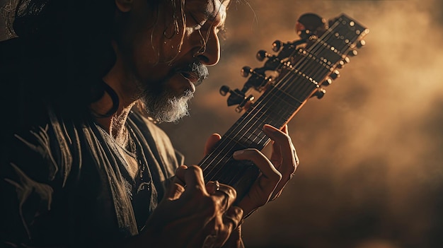 un hombre toca una guitarra con un fondo oscuro.