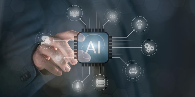 Hombre toca el icono de la IA en la pantalla virtual inteligencia artificial nueva aplicación concepto futurista