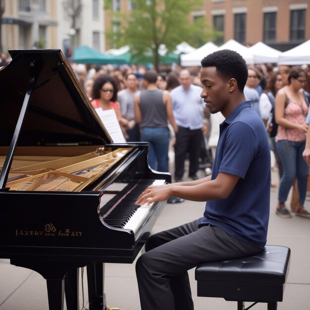 Un hombre toca jazz en la calle al piano