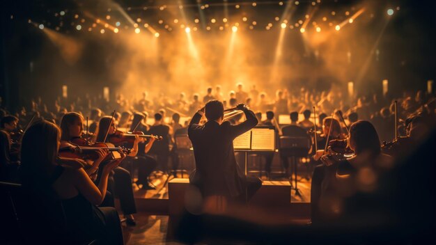 Un hombre toca una orquesta sinfónica en el escenario.