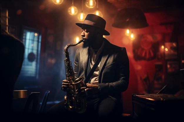 Un hombre toca el saxofón en una habitación oscura con un fondo rojo.