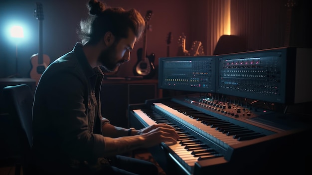 Un hombre toca un teclado en una habitación oscura.