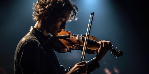 Un hombre toca un violín frente a un fondo azul.