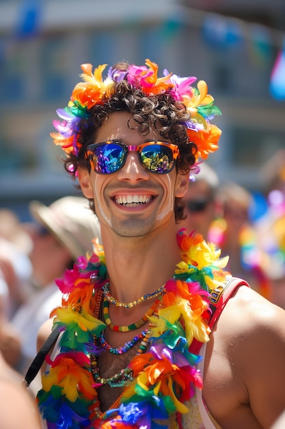 Un hombre con un tocado colorido y gafas de sol está sonriendo