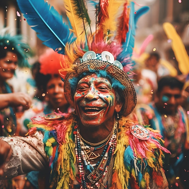 Un hombre con un tocado de plumas y un tocado lleva un atuendo colorido.