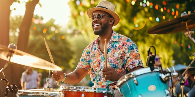 Hombre tocando la batería en una fiesta en el parque