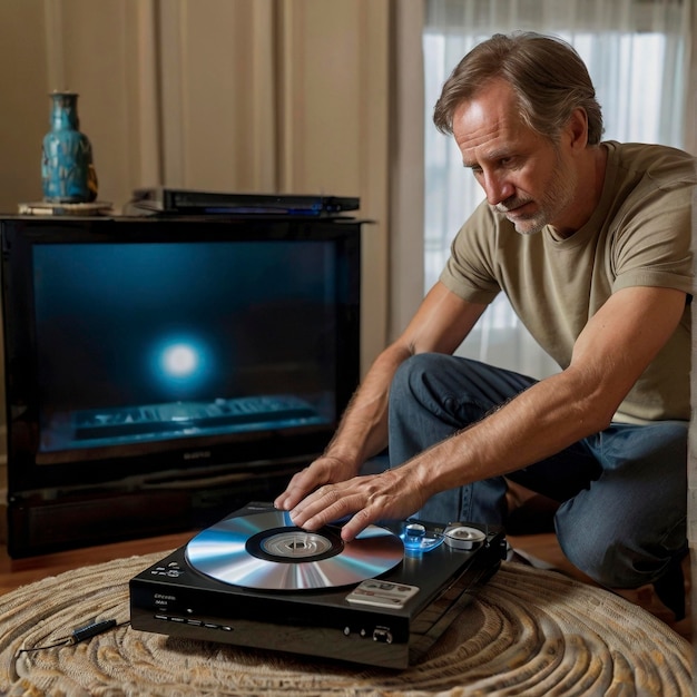 Foto un hombre tocando un cd que está en una alfombra