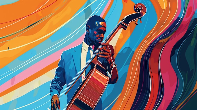 Foto un hombre tocando el contrabajo lleva un traje azul y corbata el fondo es una pintura abstracta colorida