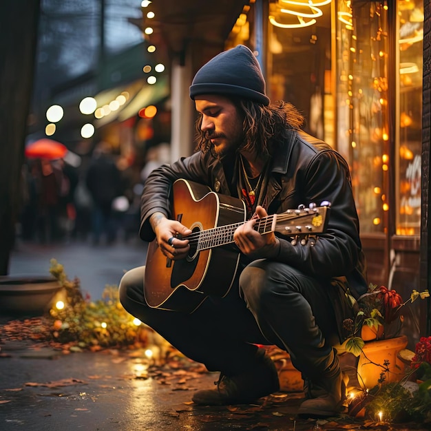 Hombre tocando la guitarra en un ambiente festivo con ambiente romántico