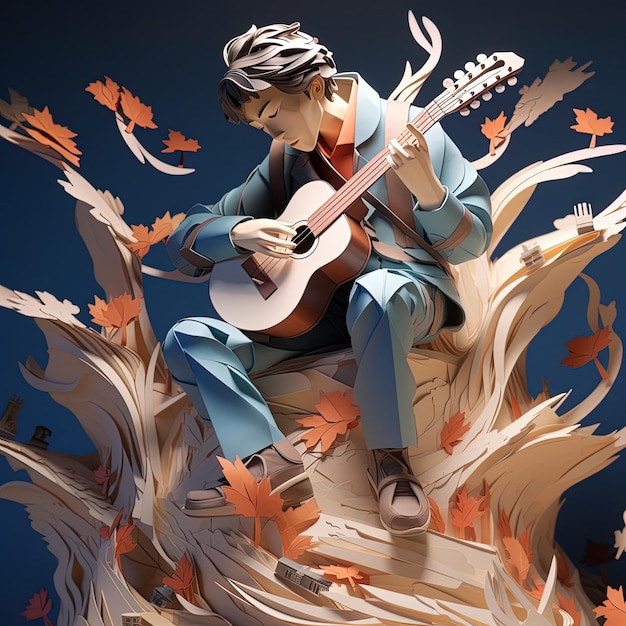 un hombre tocando la guitarra en un árbol con hojas en la parte inferior