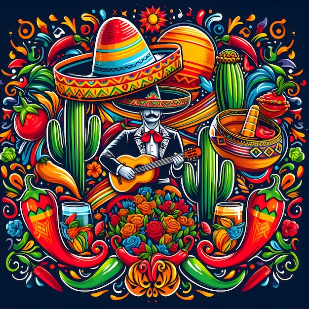 Foto un hombre tocando la guitarra y un cactus con un sombrero en él