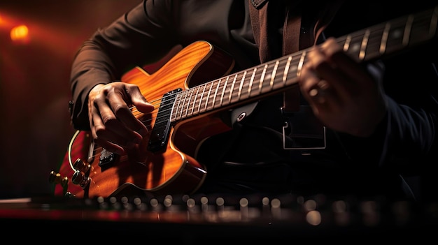 un hombre tocando una guitarra con una camisa negra.