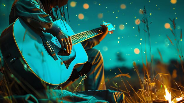 Foto un hombre tocando la guitarra y cantando en medio de un campo de trigo por la noche con una fogata cerca