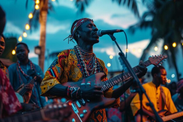 un hombre tocando una guitarra y cantando en un micrófono