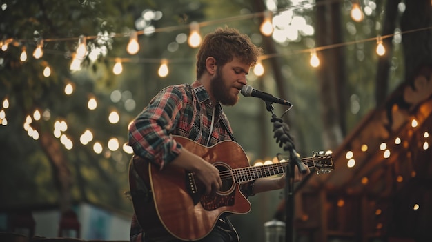 Hombre tocando la guitarra delante del micrófono