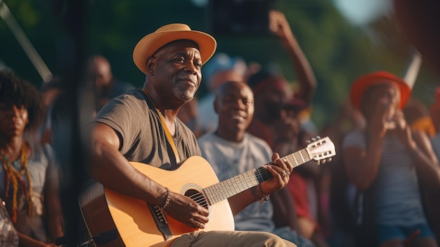 Un hombre tocando la guitarra delante de una multitud