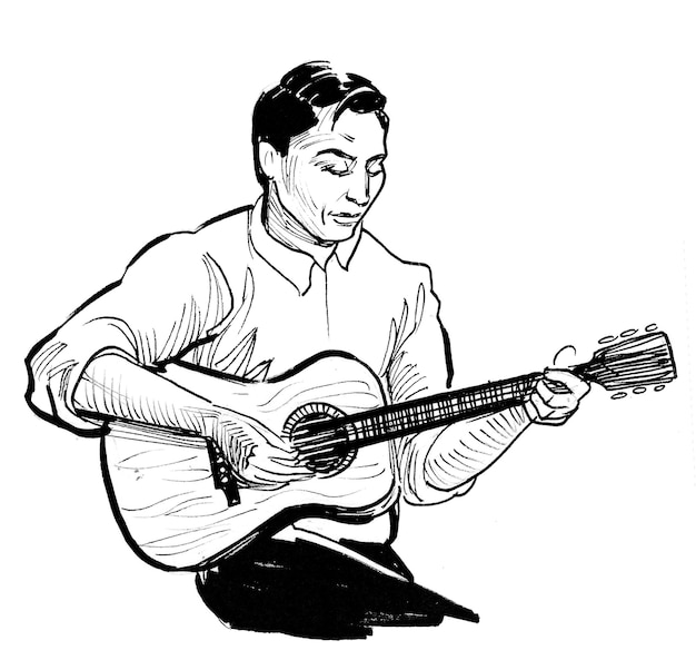 Foto un hombre tocando una guitarra con un dibujo en blanco y negro de un hombre tocando una guitarra.