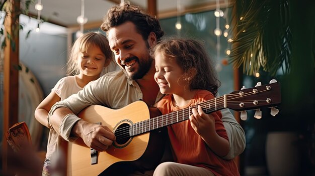 Hombre tocando la guitarra con dos niñas el día del padre