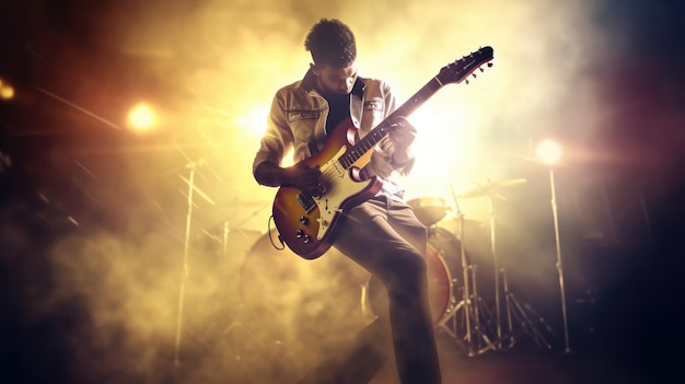 Un hombre tocando una guitarra en el escenario con un fondo amarillo.