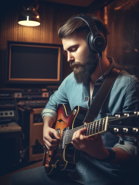 Un hombre tocando la guitarra en un estudio de grabación con los auriculares puestos.