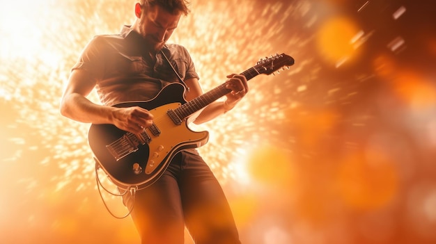 Un hombre tocando una guitarra con un fondo claro.