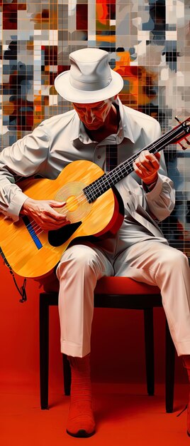 un hombre tocando una guitarra con un fondo rojo