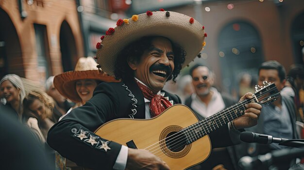 Hombre tocando la guitarra frente al público en el concierto Chico De Mayo