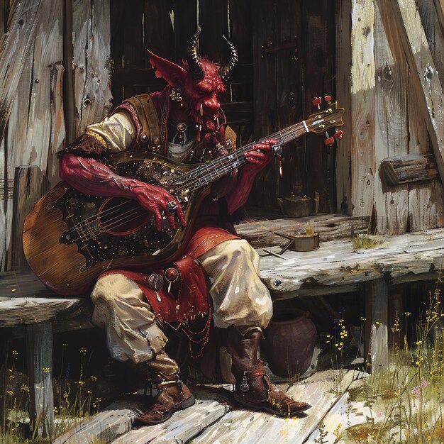 Foto un hombre tocando una guitarra frente a una cabaña de madera