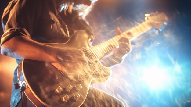 Foto un hombre tocando una guitarra con una luz azul detrás de él.