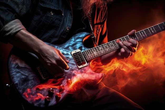 Foto un hombre está tocando una guitarra con mucho fuego