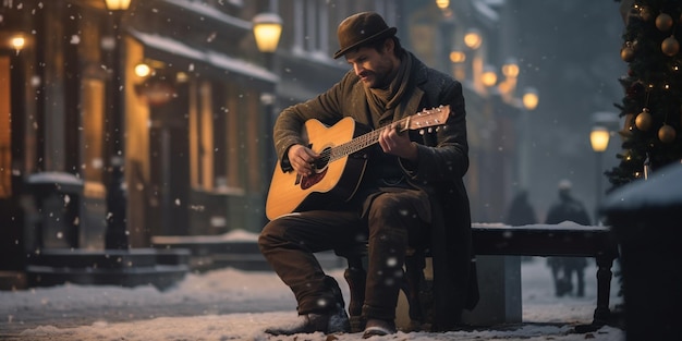 hombre tocando la guitarra en la nieve