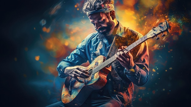 un hombre tocando la guitarra en la oscuridad con una guitarra en las manos.
