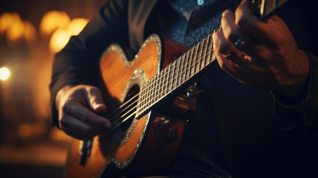 hombre tocando una guitarra sobre un fondo oscuro.