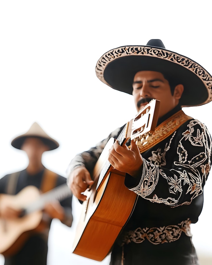 Foto un hombre tocando una guitarra y un sombrero con una banda en el fondo