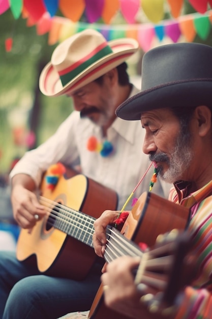 Un hombre tocando una guitarra con un sombrero en la cabeza.