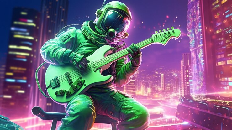 Hombre tocando la guitarra en traje espacial verde neón con casco verde neón