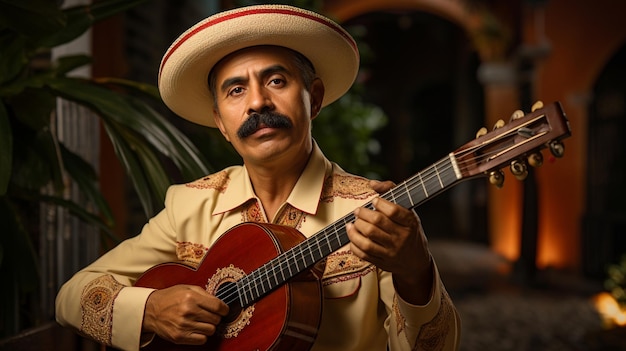 un hombre tocando una guitarra y usando un sombrero