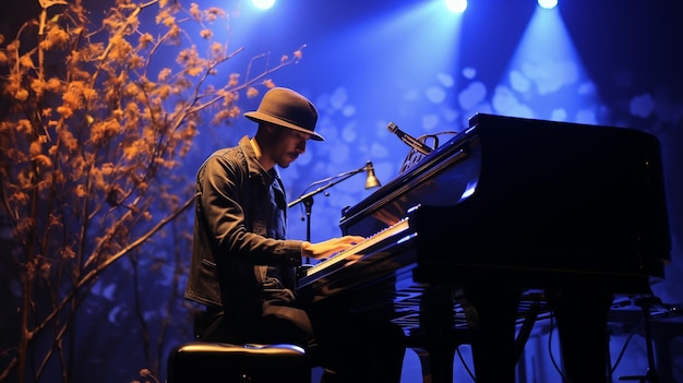 un hombre tocando un piano y un árbol en el fondo