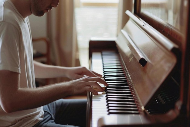 un hombre tocando el piano con una camisa blanca